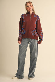Bloomhaven Floral Half Zip Sweater - Brown Blue