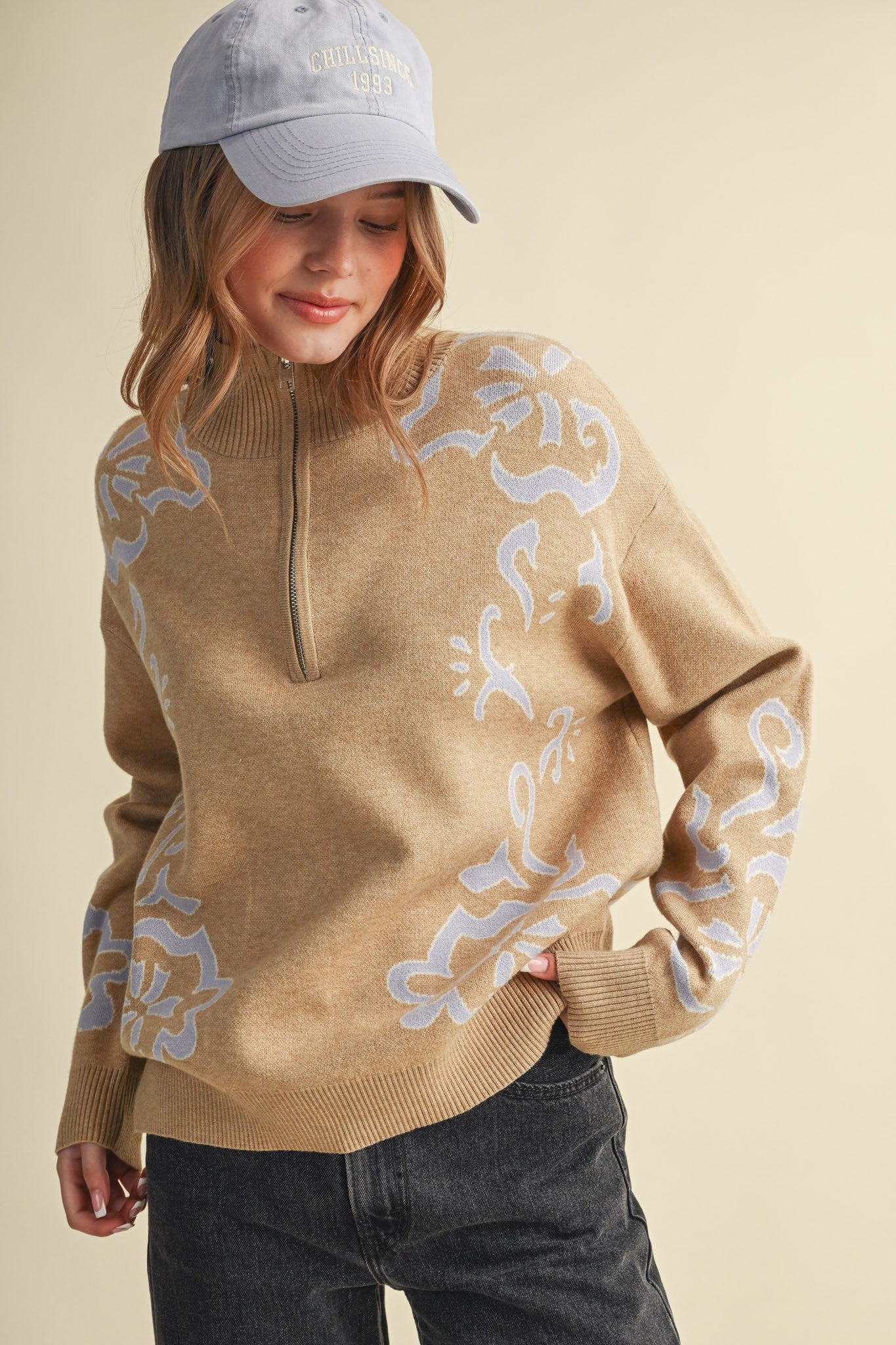 Bloomhaven Floral Half Zip Sweater - Latte Lilac