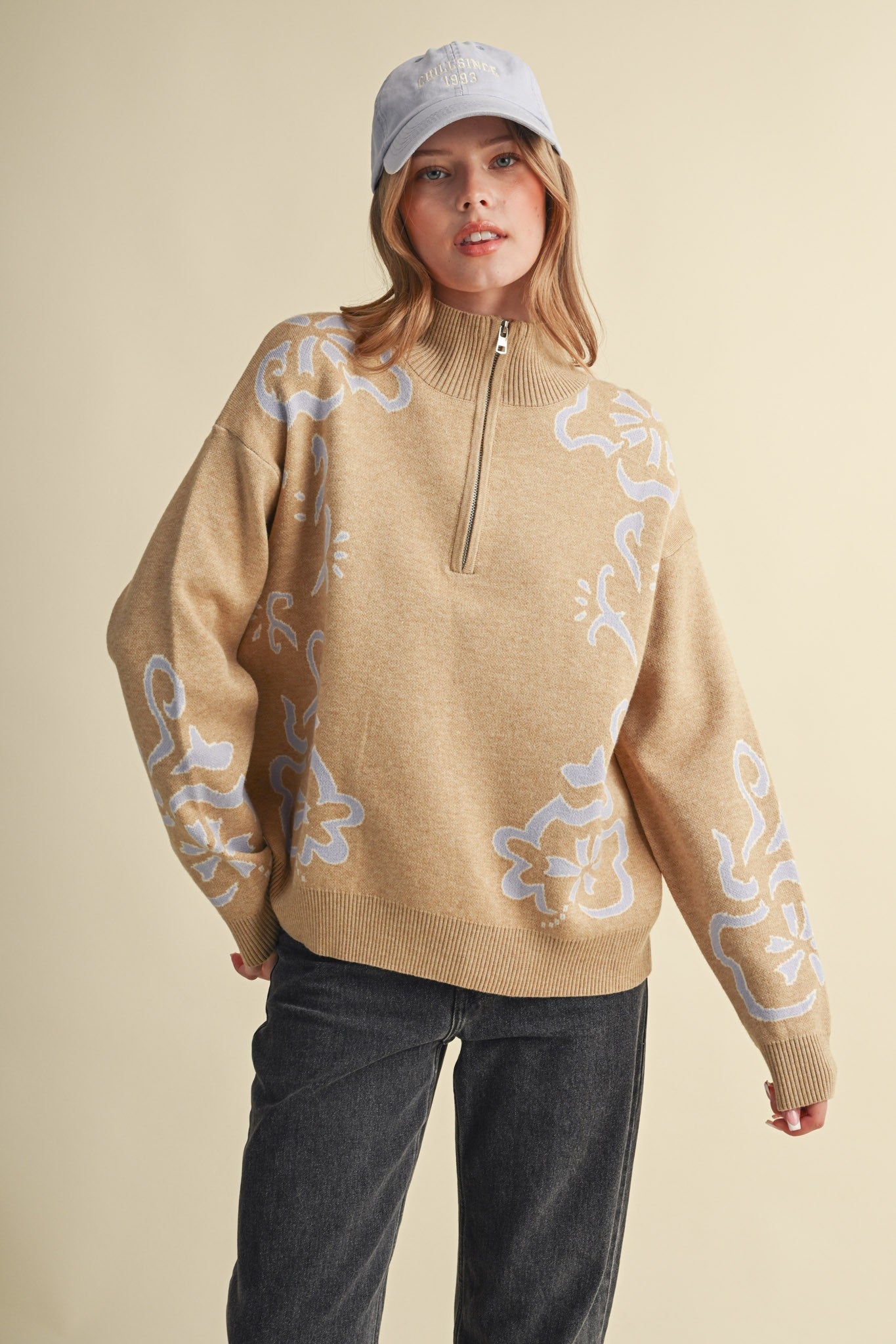 Bloomhaven Floral Half Zip Sweater - Latte Lilac