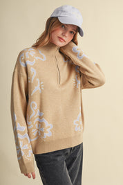 Bloomhaven Floral Half Zip Sweater - Latte Lilac