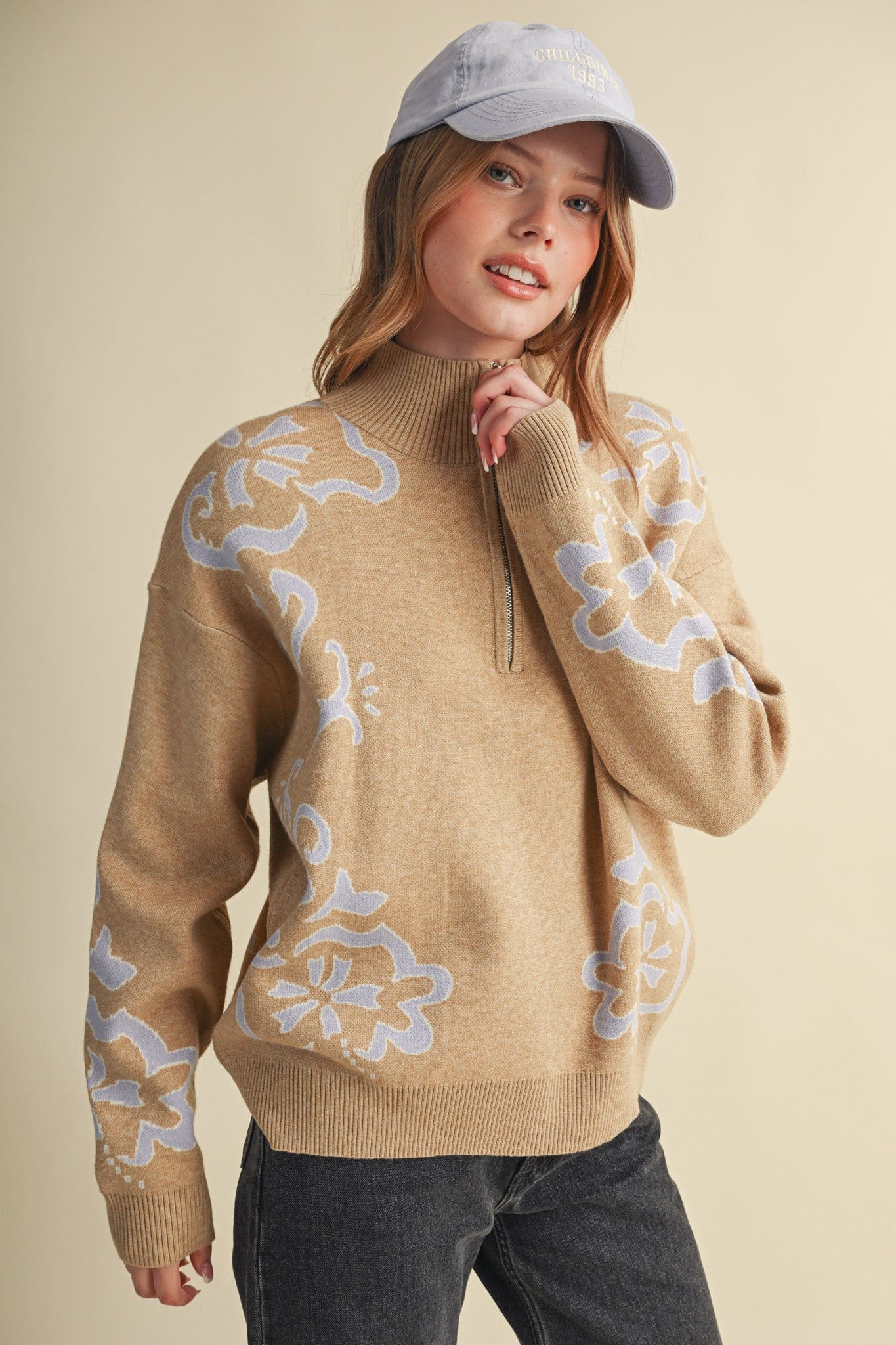 Bloomhaven Floral Half Zip Sweater - Latte Lilac