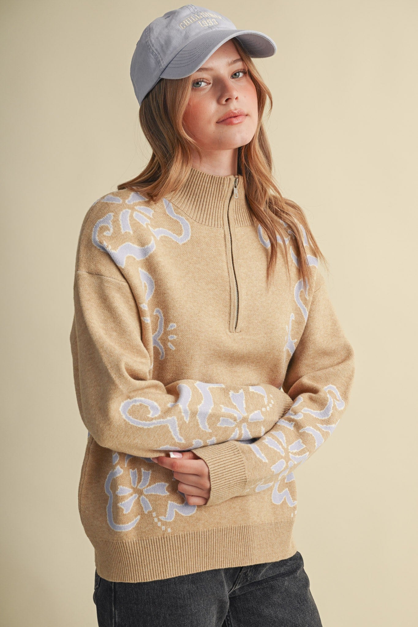 Bloomhaven Floral Half Zip Sweater - Latte Lilac