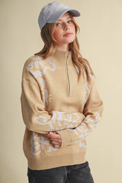 Bloomhaven Floral Half Zip Sweater - Latte Lilac