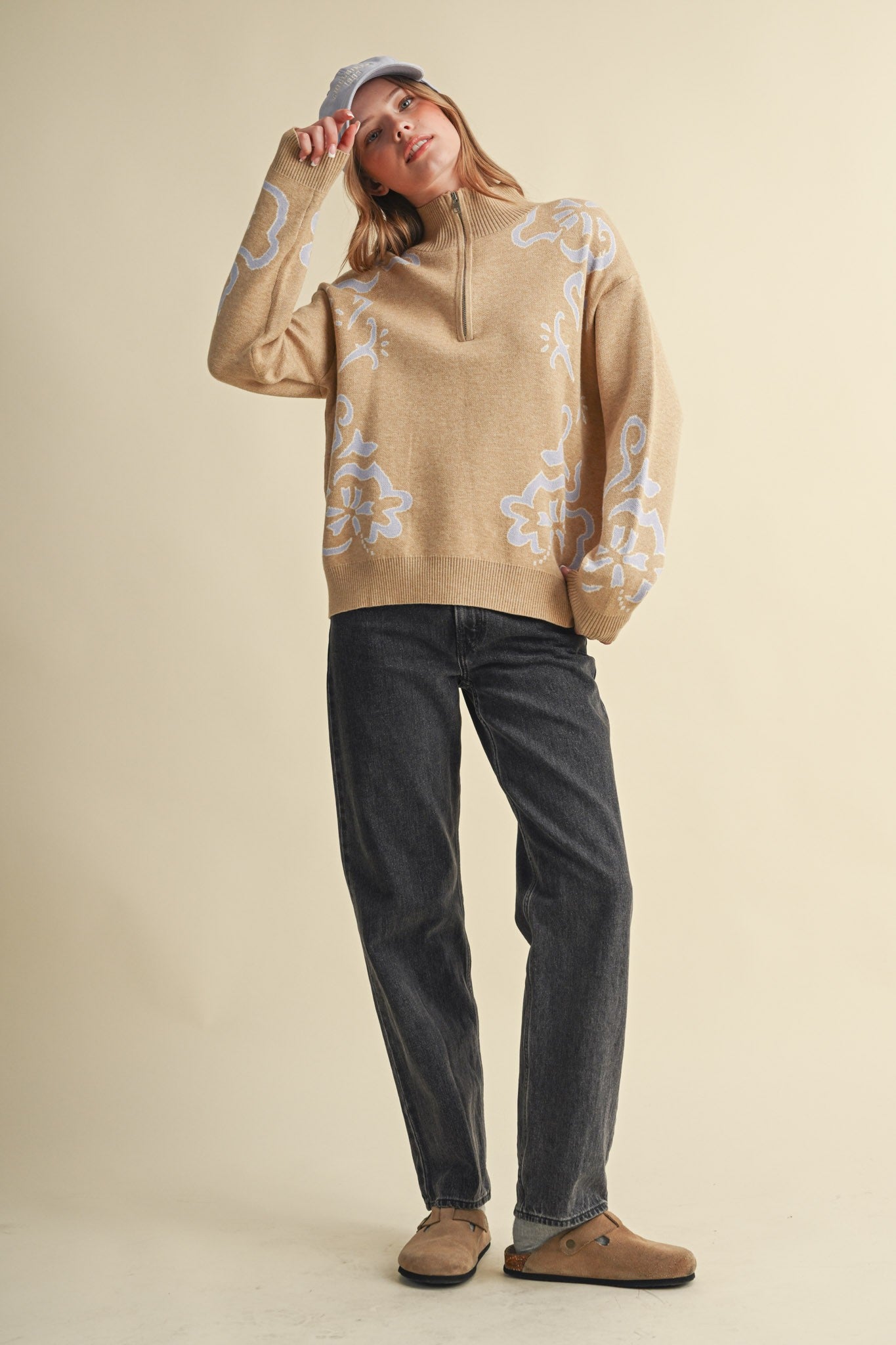 Bloomhaven Floral Half Zip Sweater - Latte Lilac