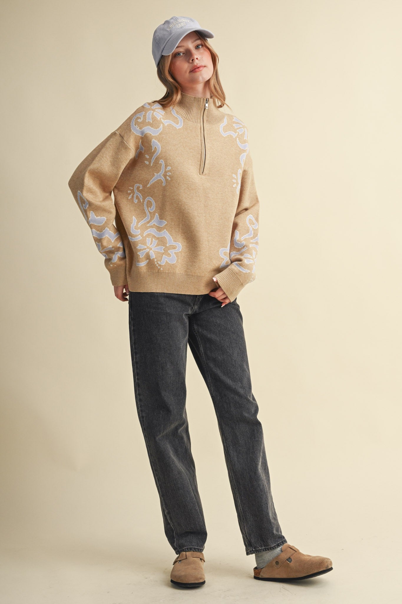 Bloomhaven Floral Half Zip Sweater - Latte Lilac
