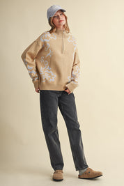 Bloomhaven Floral Half Zip Sweater - Latte Lilac