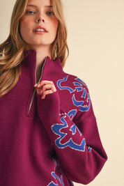 Bloomhaven Floral Half Zip Sweater - Magenta Blue