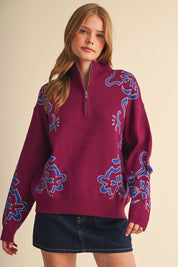 Bloomhaven Floral Half Zip Sweater - Magenta Blue