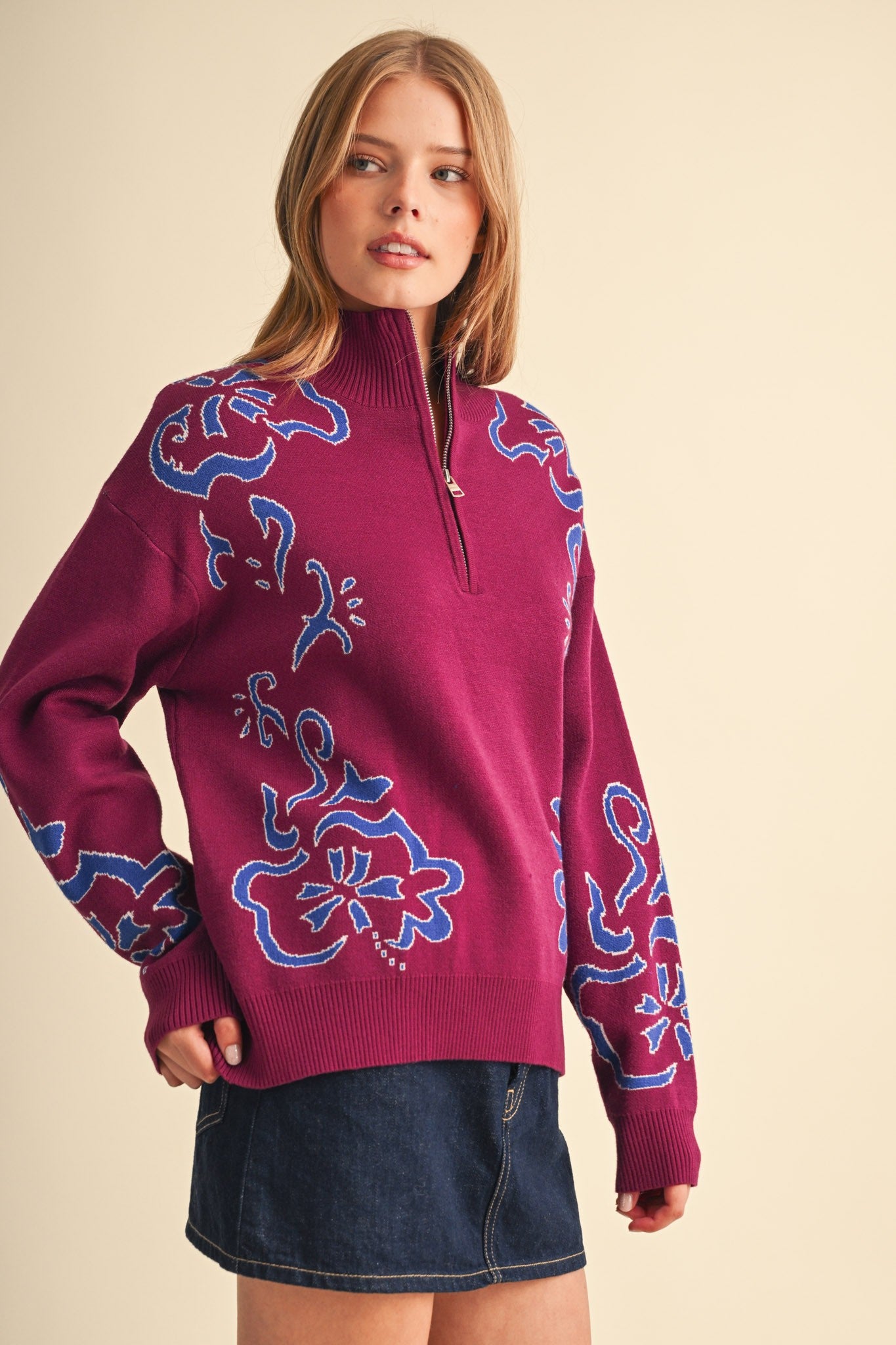 Bloomhaven Floral Half Zip Sweater - Magenta Blue