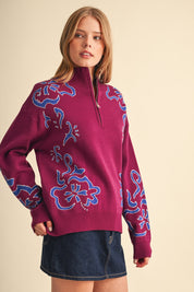 Bloomhaven Floral Half Zip Sweater - Magenta Blue