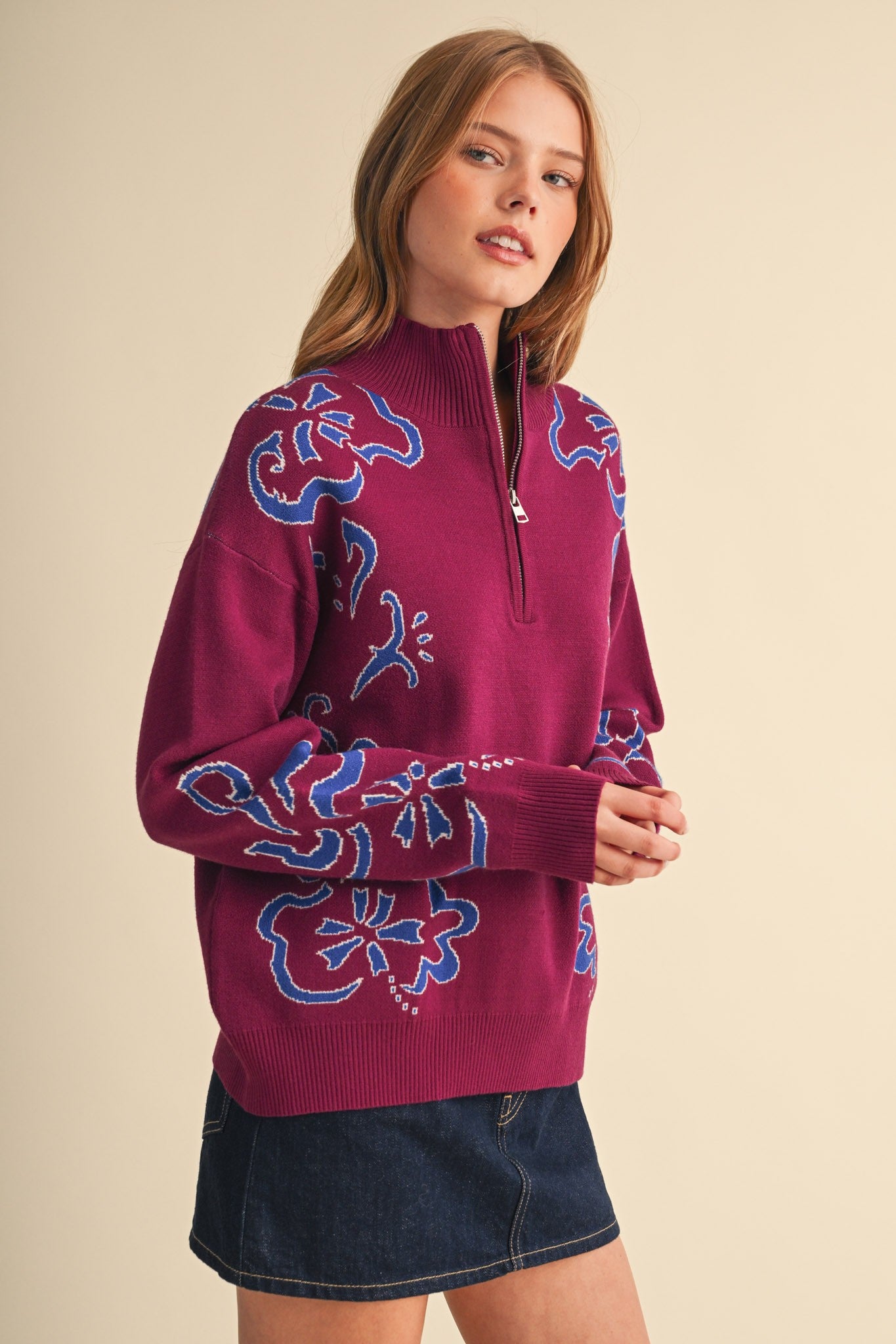 Bloomhaven Floral Half Zip Sweater - Magenta Blue