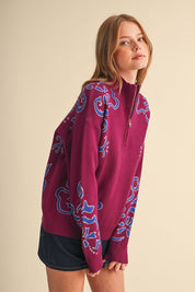 Bloomhaven Floral Half Zip Sweater - Magenta Blue