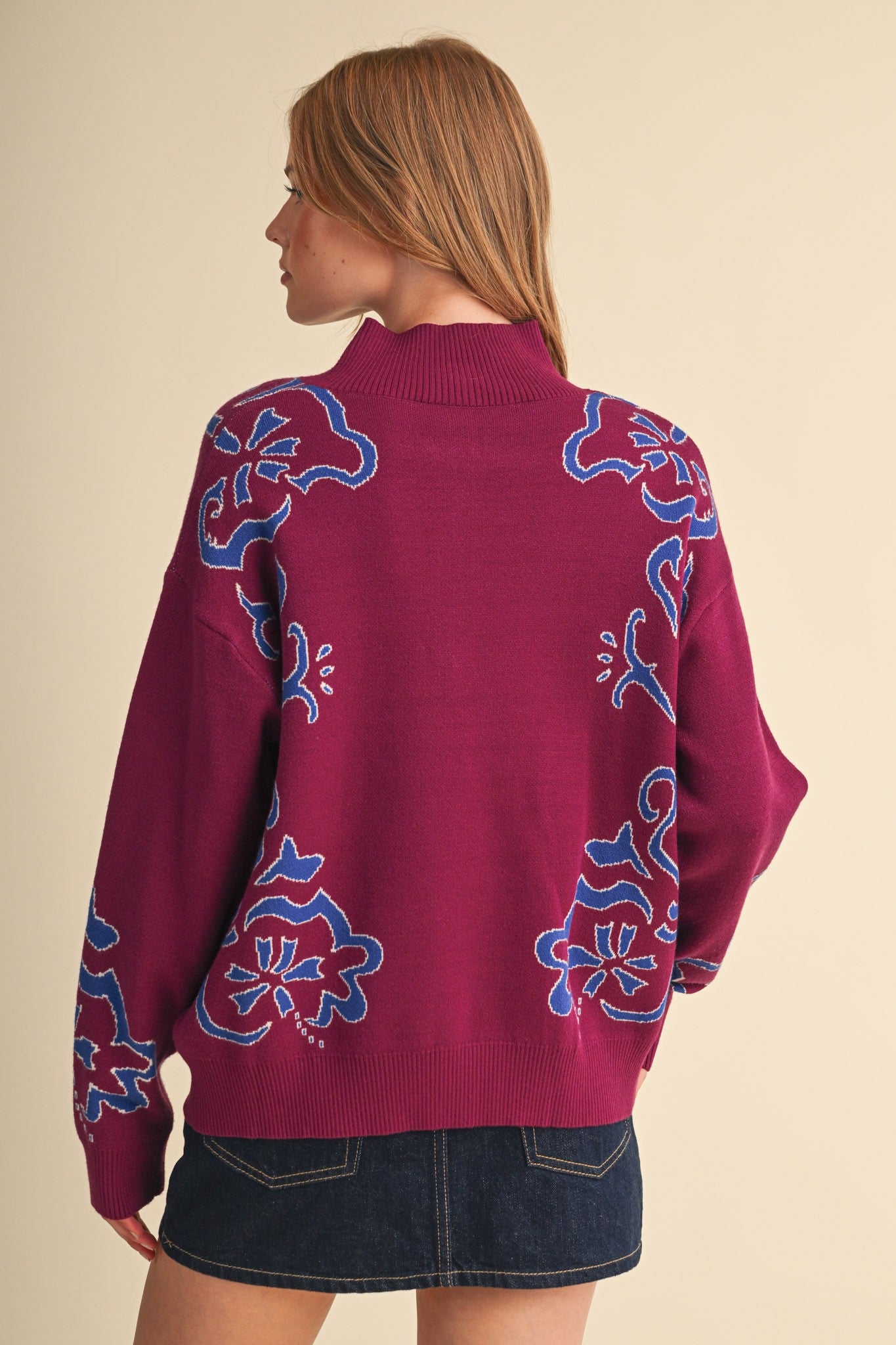 Bloomhaven Floral Half Zip Sweater - Magenta Blue
