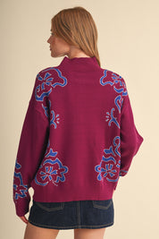 Bloomhaven Floral Half Zip Sweater - Magenta Blue