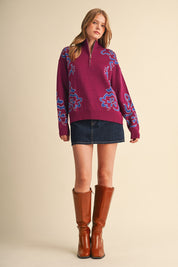 Bloomhaven Floral Half Zip Sweater - Magenta Blue