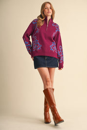 Bloomhaven Floral Half Zip Sweater - Magenta Blue