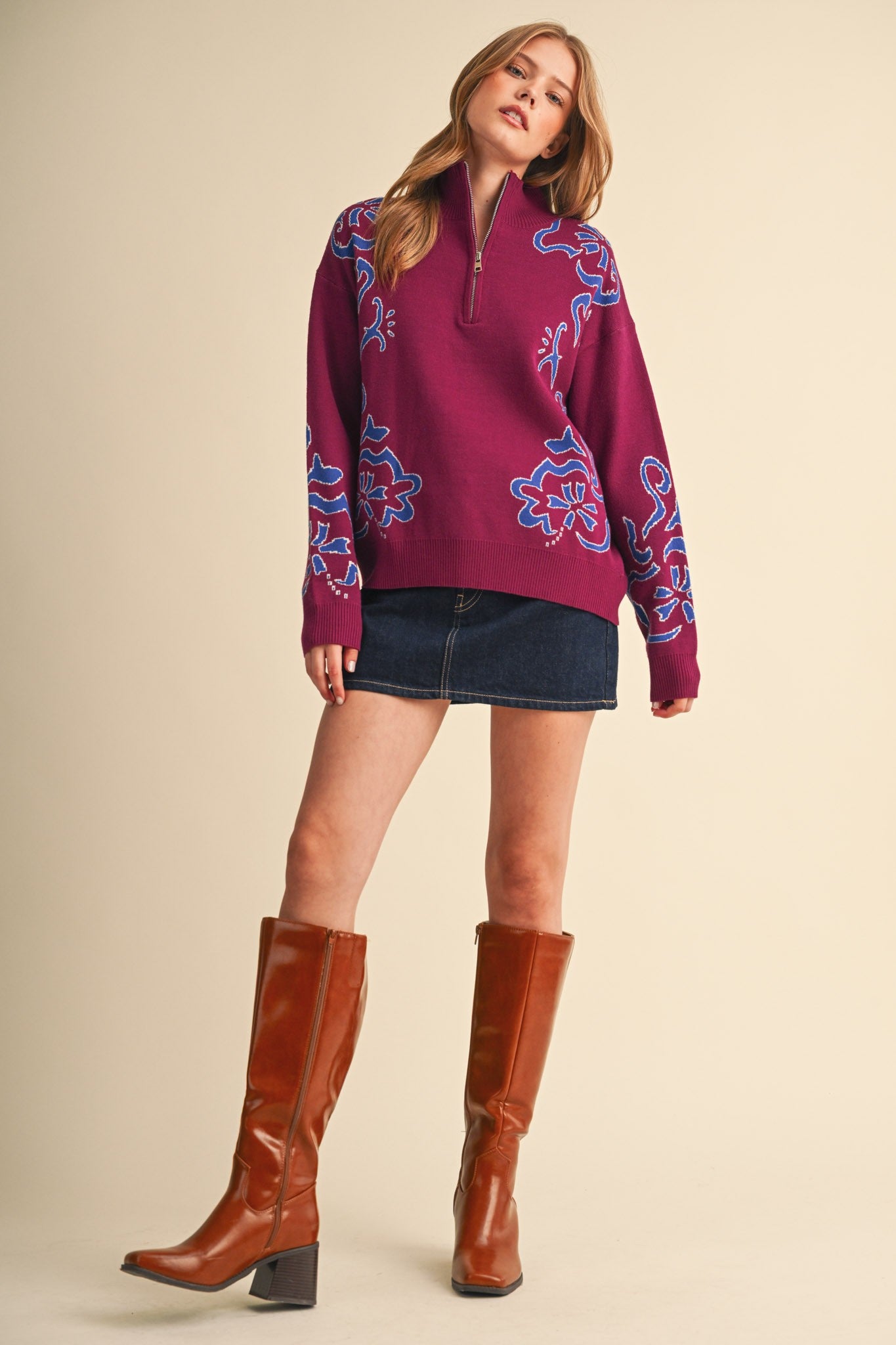 Bloomhaven Floral Half Zip Sweater - Magenta Blue