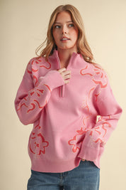 Bloomhaven Floral Half Zip Sweater - Pink Papaya