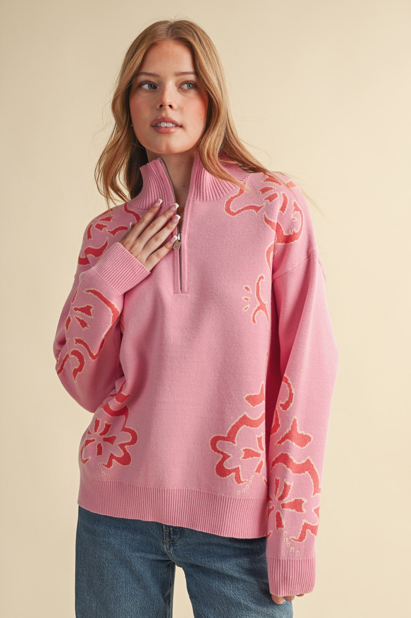 Bloomhaven Floral Half Zip Sweater - Pink Papaya