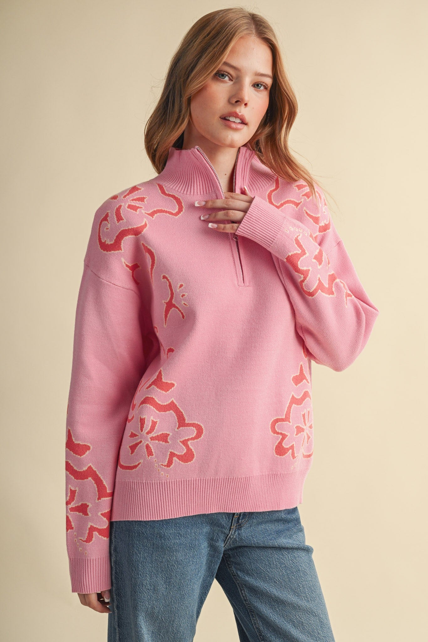 Bloomhaven Floral Half Zip Sweater - Pink Papaya