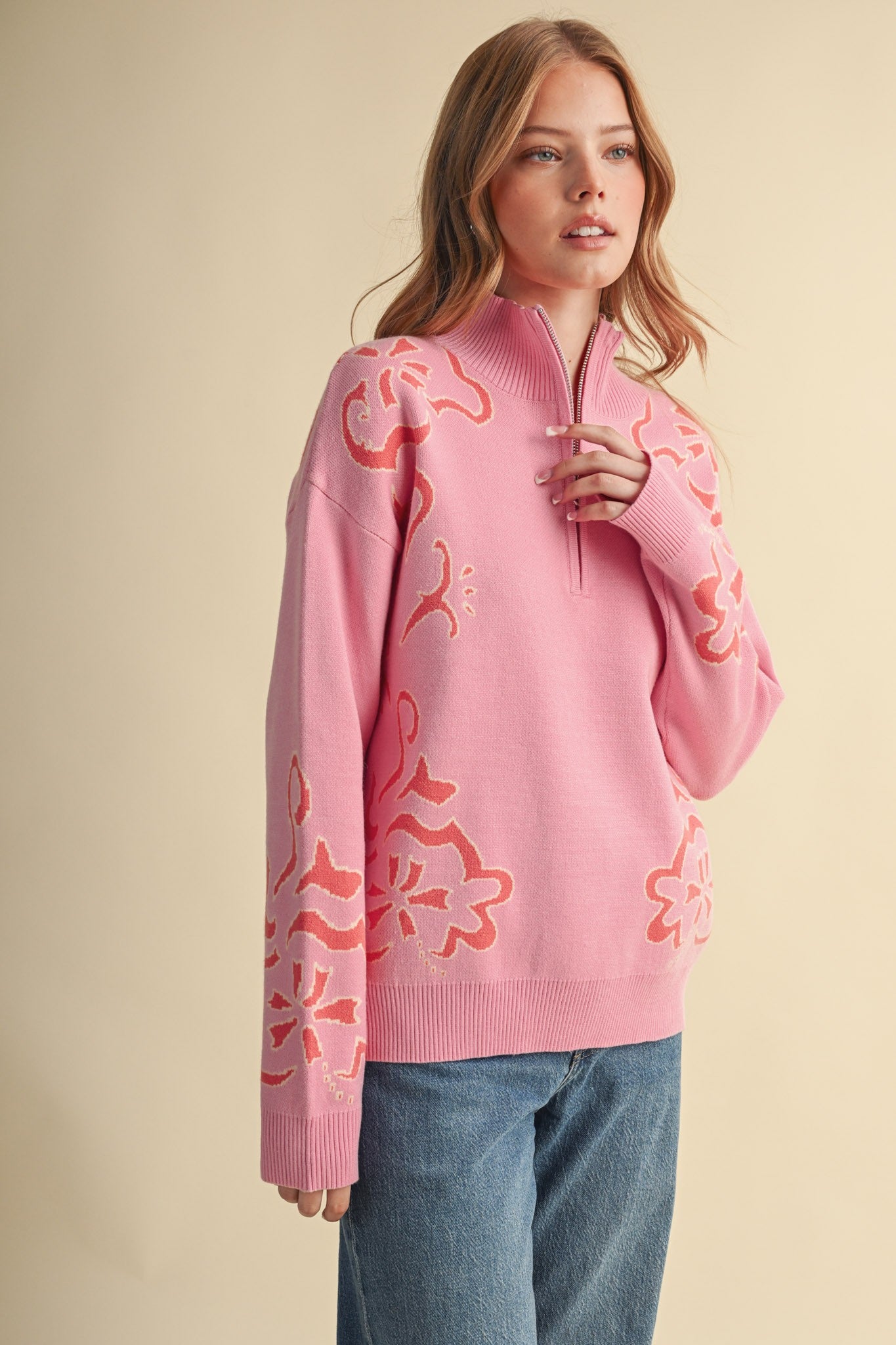 Bloomhaven Floral Half Zip Sweater - Pink Papaya