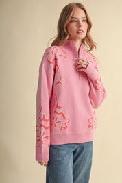 Bloomhaven Floral Half Zip Sweater - Pink Papaya