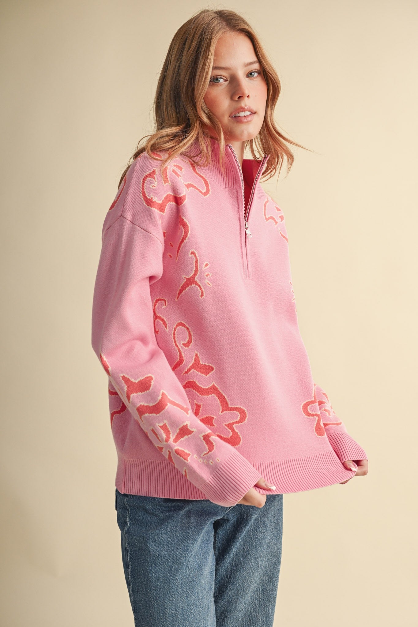 Bloomhaven Floral Half Zip Sweater - Pink Papaya