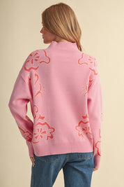 Bloomhaven Floral Half Zip Sweater - Pink Papaya