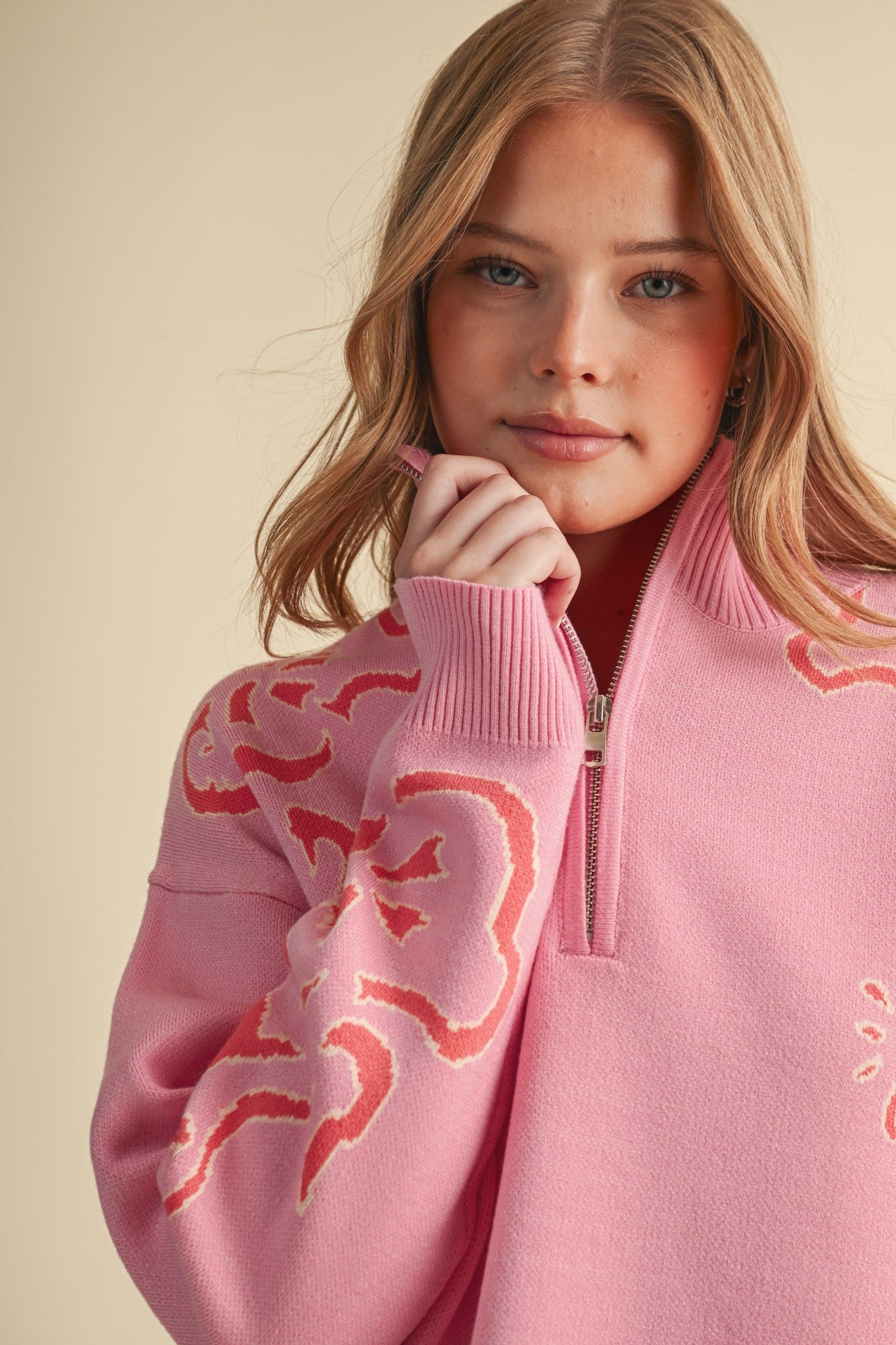Bloomhaven Floral Half Zip Sweater - Pink Papaya