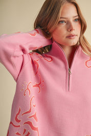 Bloomhaven Floral Half Zip Sweater - Pink Papaya
