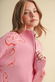 Bloomhaven Floral Half Zip Sweater - Pink Papaya