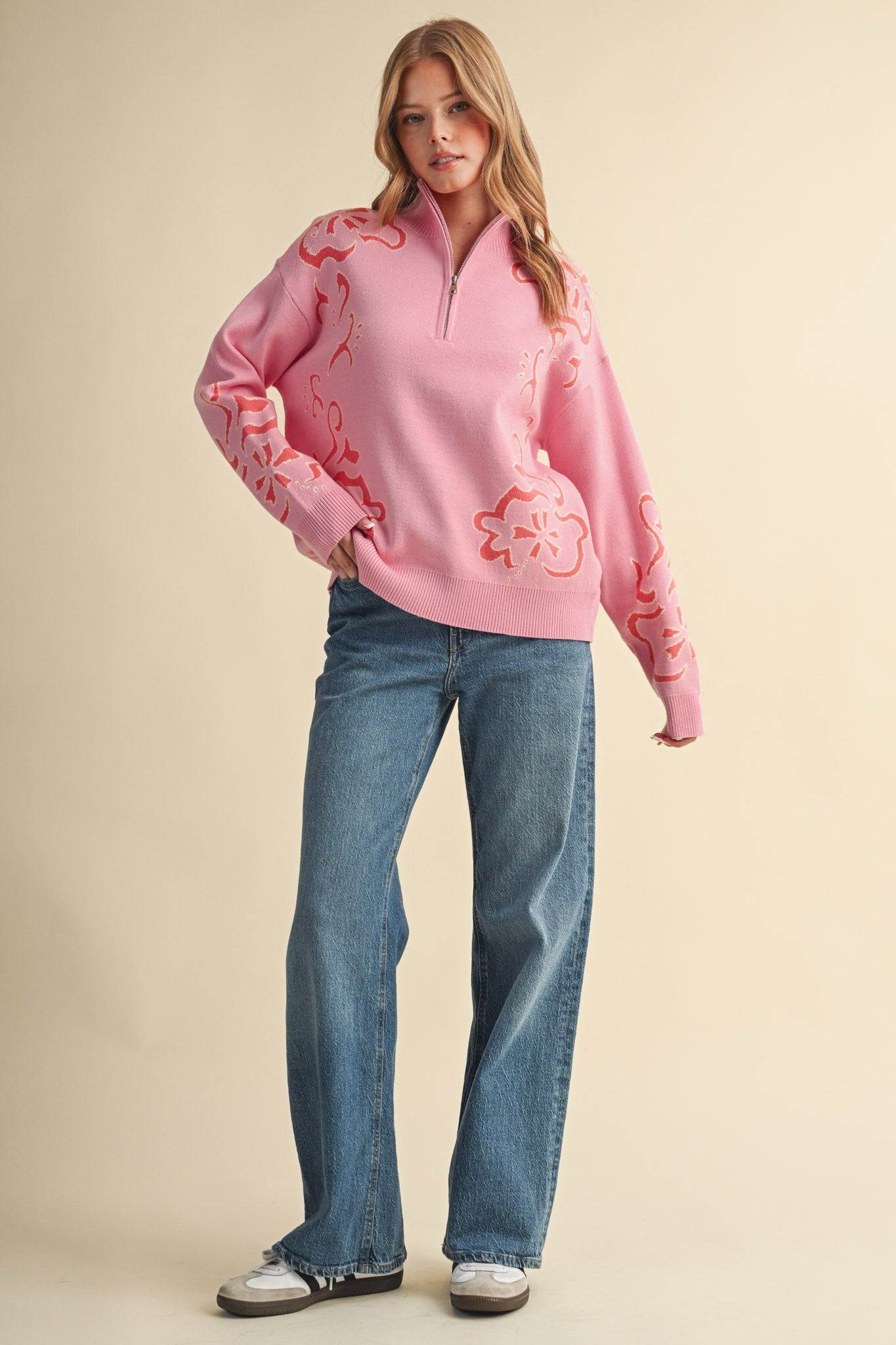 Bloomhaven Floral Half Zip Sweater - Pink Papaya