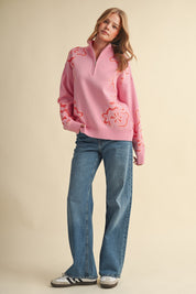 Bloomhaven Floral Half Zip Sweater - Pink Papaya