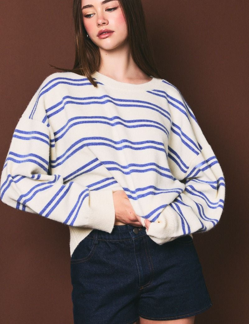 Bluewater Striped Crewneck Sweater in White Blue Stripe - product photo 1