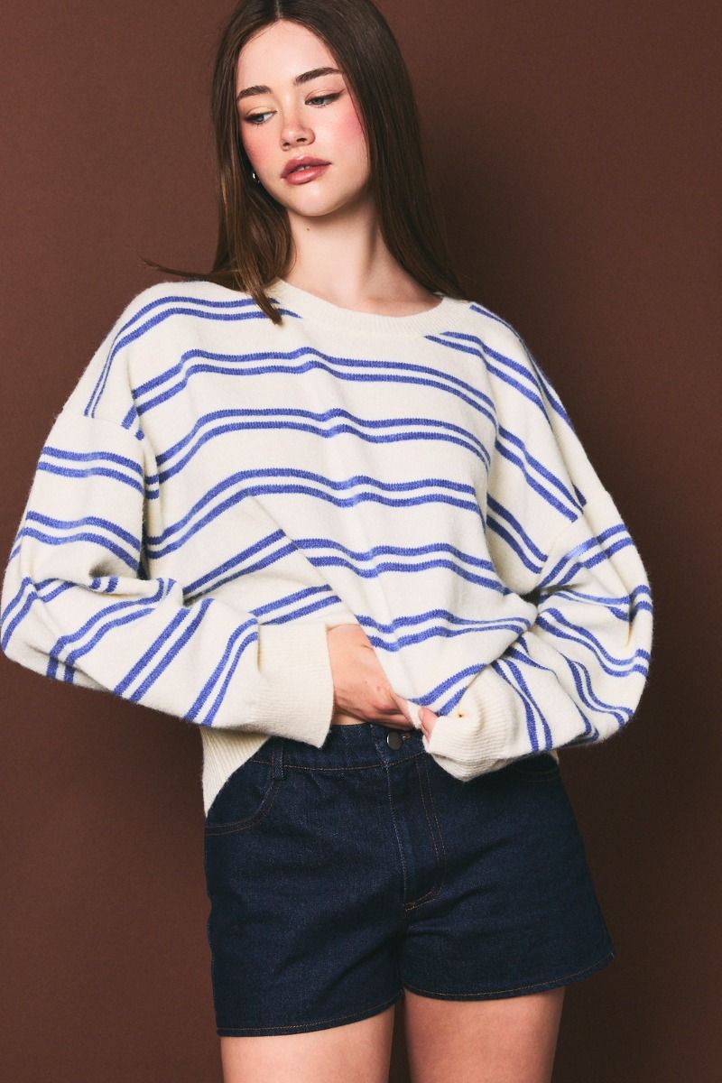 Bluewater Striped Crewneck Sweater in White Blue Stripe - product photo 1