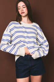 Bluewater Striped Crewneck Sweater in White Blue Stripe - product photo 1