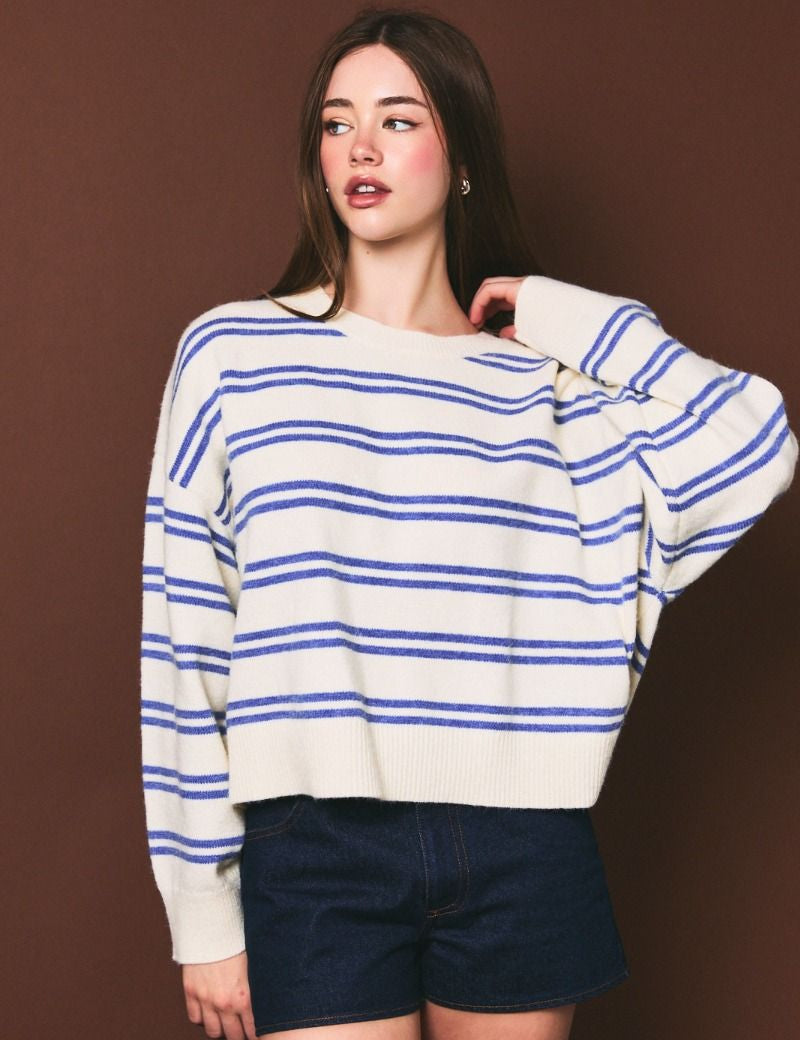 Bluewater Striped Crewneck Sweater in White Blue Stripe - product photo 2