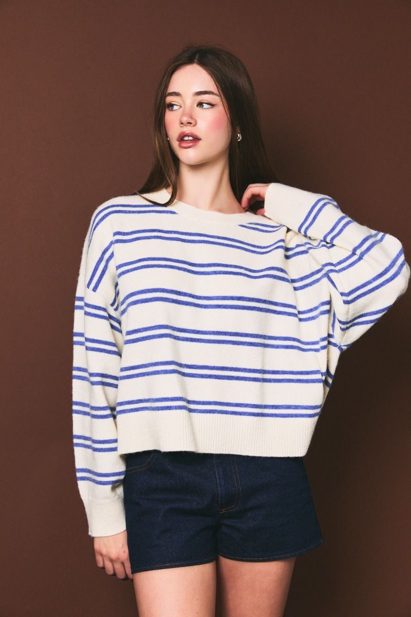 Bluewater Striped Crewneck Sweater in White Blue Stripe - product photo 2