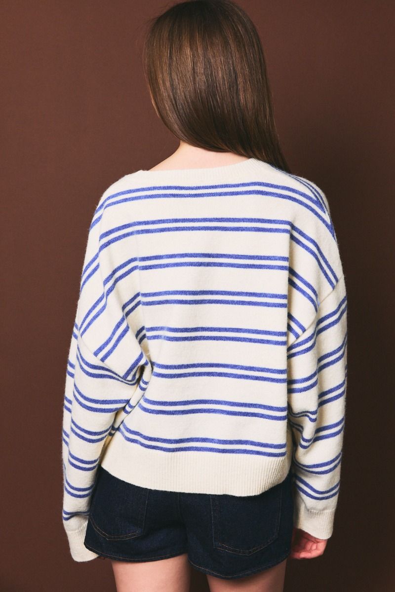 Bluewater Striped Crewneck Sweater in White Blue Stripe - product photo 3