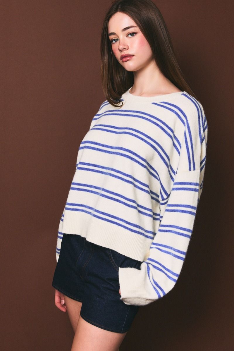 Bluewater Striped Crewneck Sweater in White Blue Stripe - product photo 5