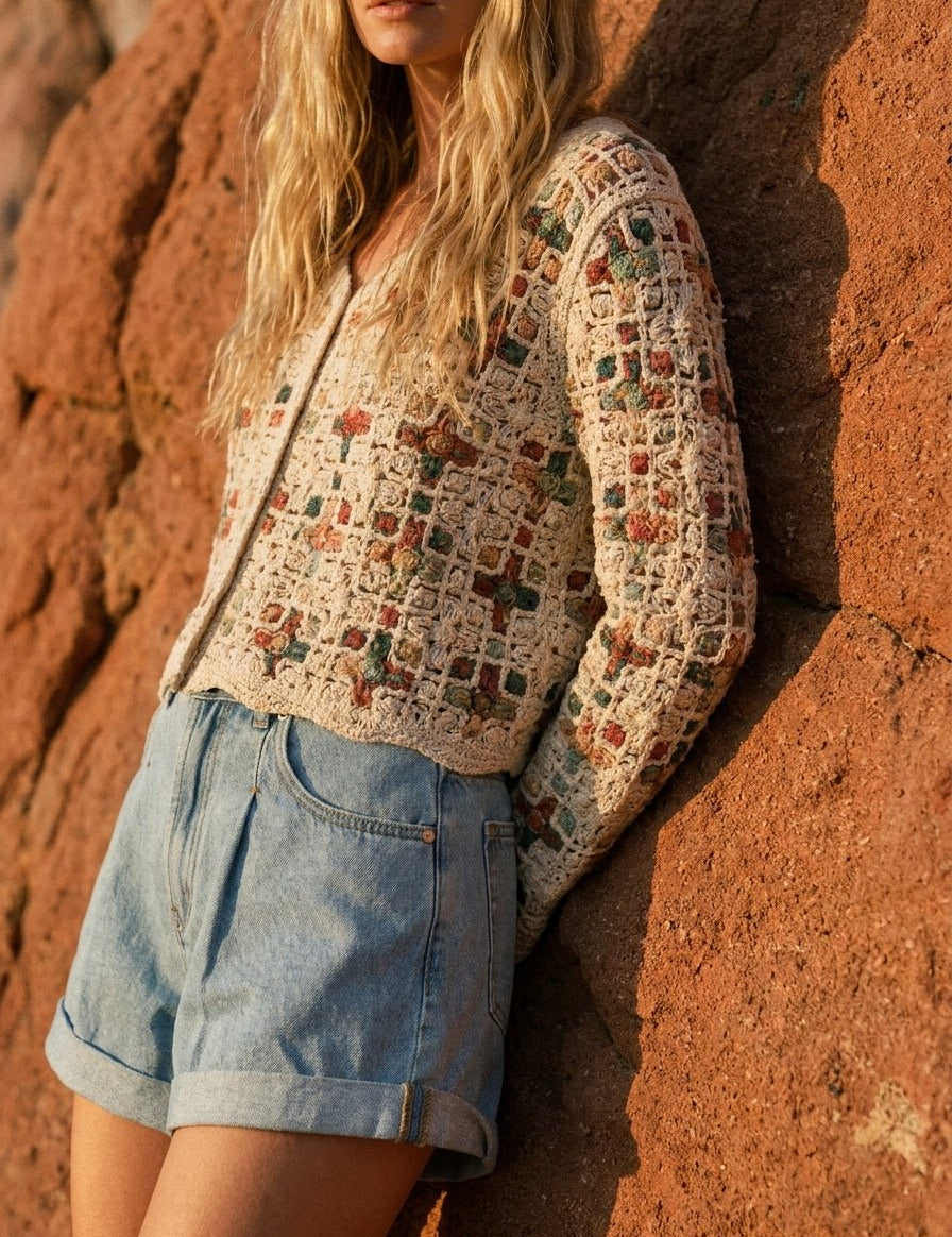 Boho Patchwork Crochet Button Cardigan - Westly