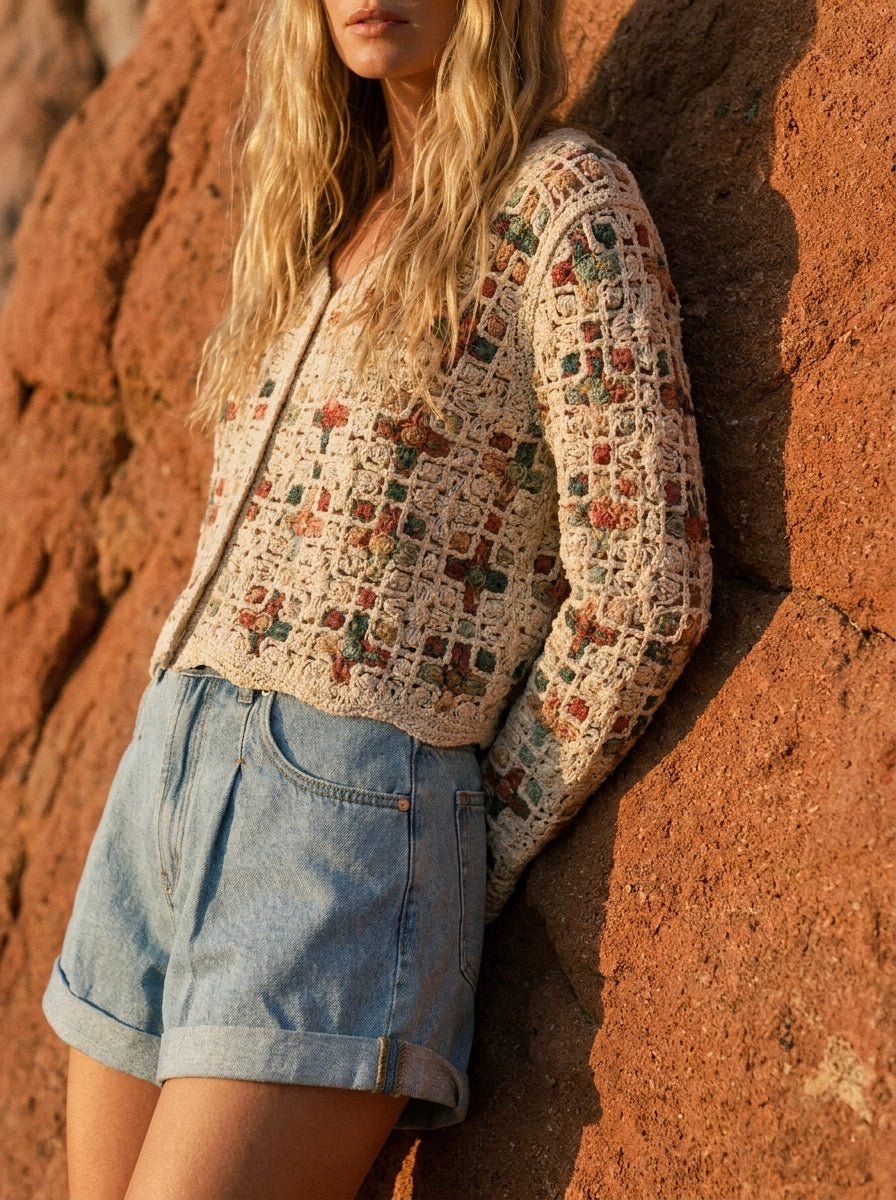 Boho Patchwork Crochet Button Cardigan - Westly