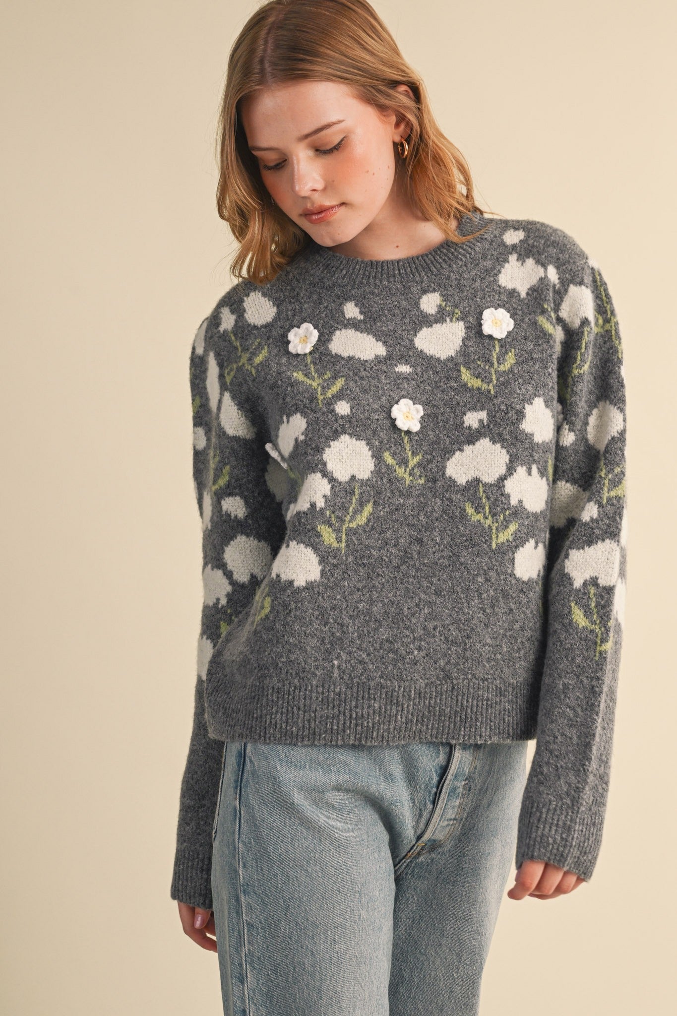 Botanical Relief Floral Applique Sweater - Westly