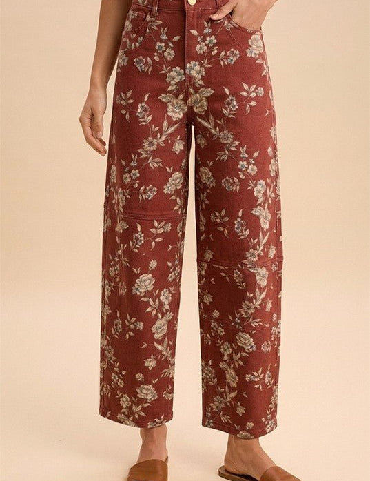 Botanical Rodeo Floral Denim Barrel Pants - Westly