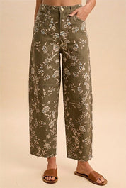 Botanical Rodeo Floral Denim Barrel Pants in Dusty Olive, photo 1