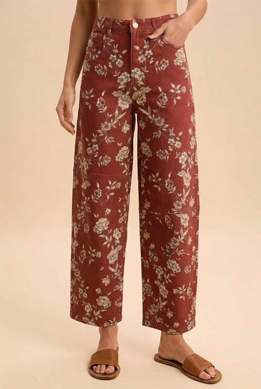 Botanical Rodeo Floral Denim Barrel Pants in Maroon, photo 1