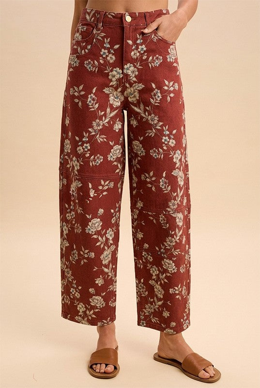 Botanical Rodeo Floral Denim Barrel Pants in Maroon, photo 3