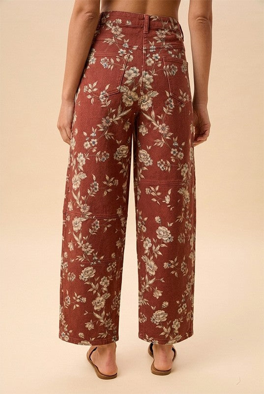 Botanical Rodeo Floral Denim Barrel Pants in Maroon, photo 4