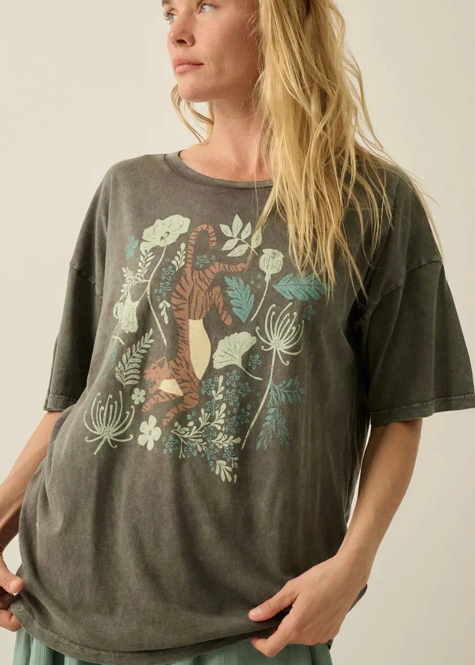Botanical Tiger Vintage - Wash Oversized Graphic Tee - Westly