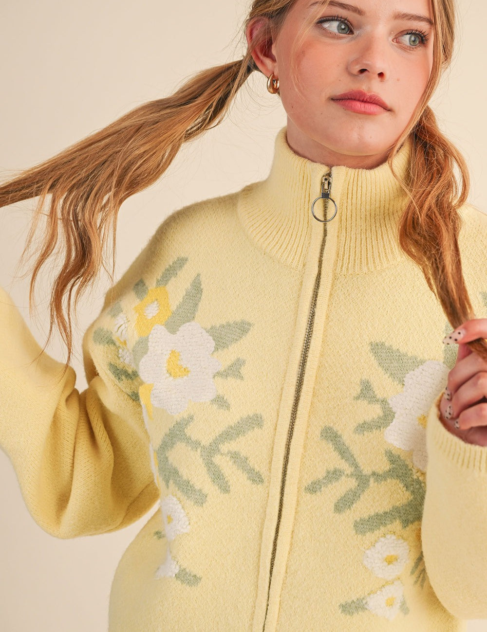 Botanical Zip Floral Knit Cardigan in Butter Flower - product photo 1